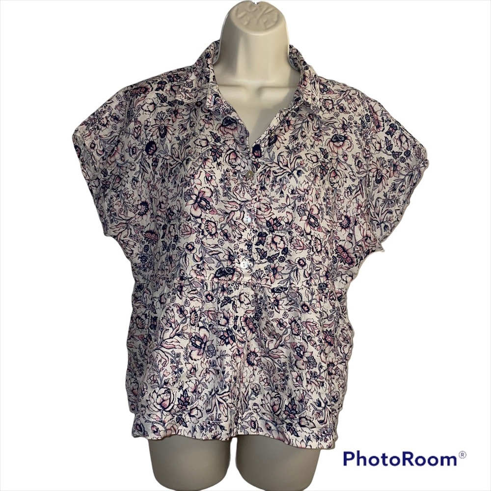 Rachel Zoe 100% linen button down flared waist floral top size medium